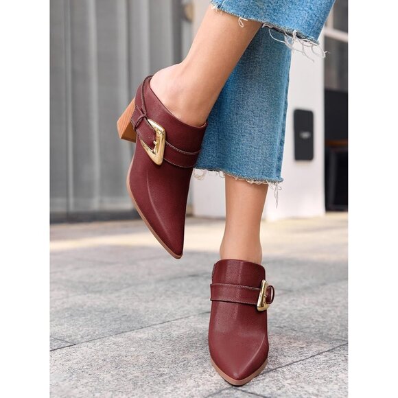 〽️Women\'s Wine Red Coutgo Pointed Chunky Heel Slip On Dress Stacked Booties main image 0